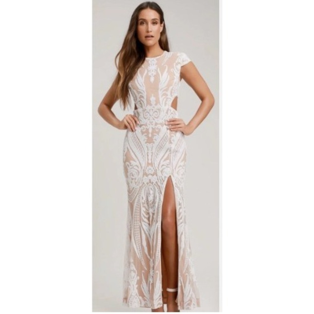 Ryse Emily Cutout Sequin Maxi Gown M White Nude Illusion Formal Slit NWOT